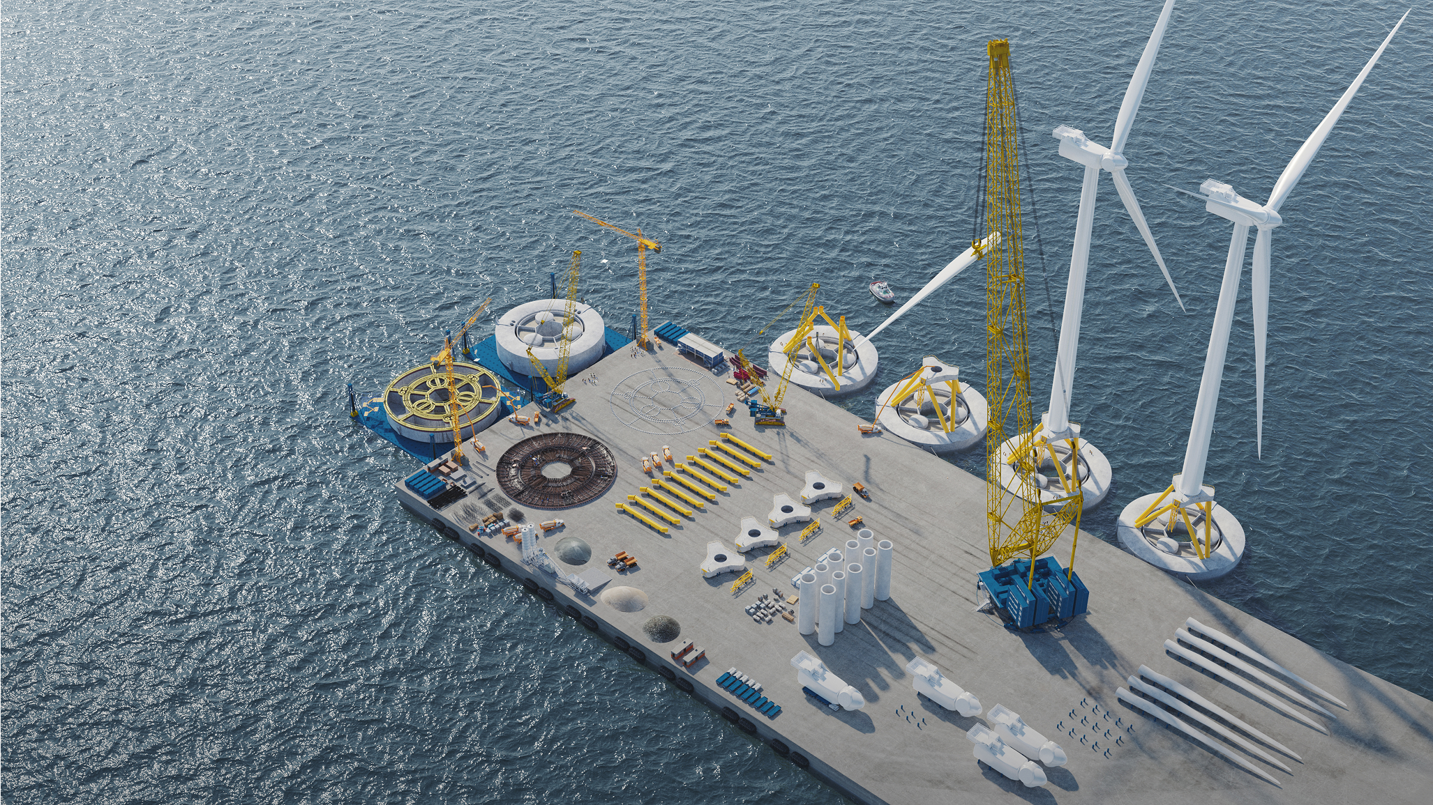 Aerial view of an offshore wind energy construction platform with cranes, turbine foundations, blades, tower sections, and floating wind turbines in the surrounding sea.