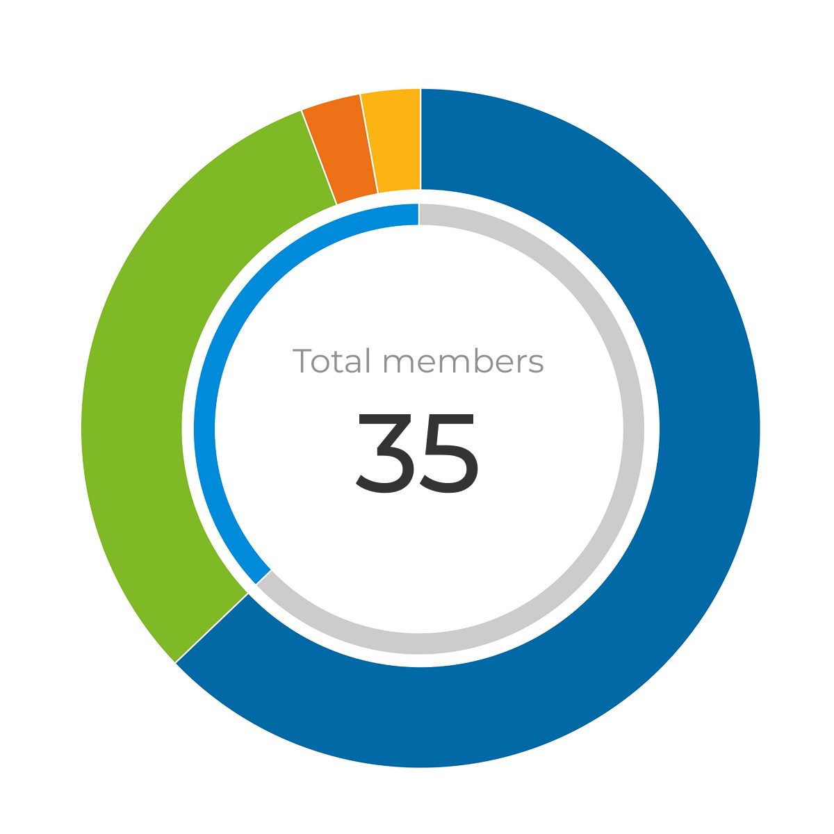 Donut chart and data table showing the composition of 35 total members by professional category and gender.