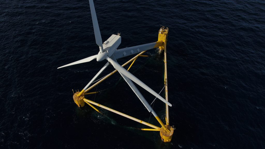 Technical prototype of a floating wind unit developed under the PlemCat project by IREC for sustainable energy research.