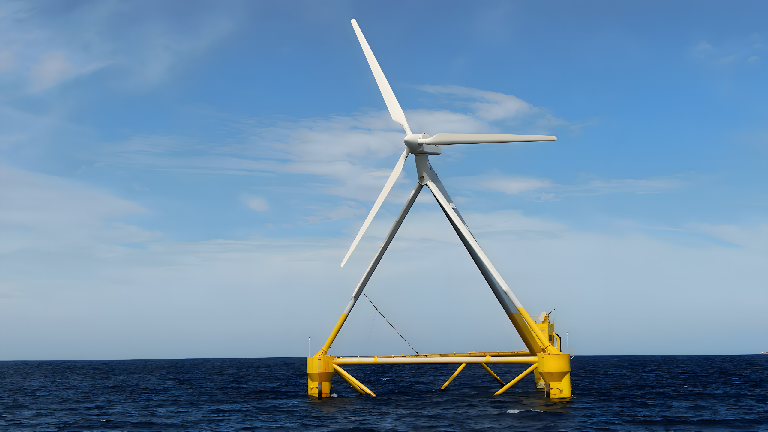 Floating offshore wind turbine platform in open sea demonstrating innovative renewable marine energy technology