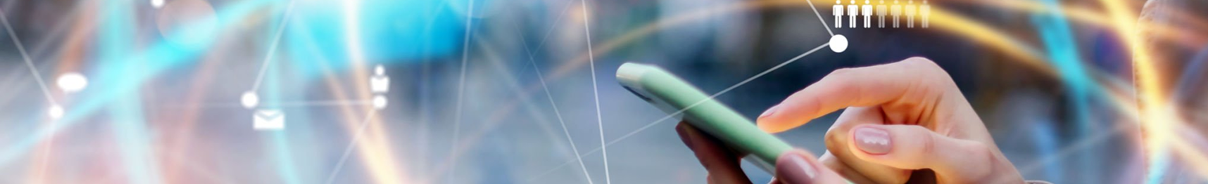 Hand using a smartphone with virtual network connections linking people in the background