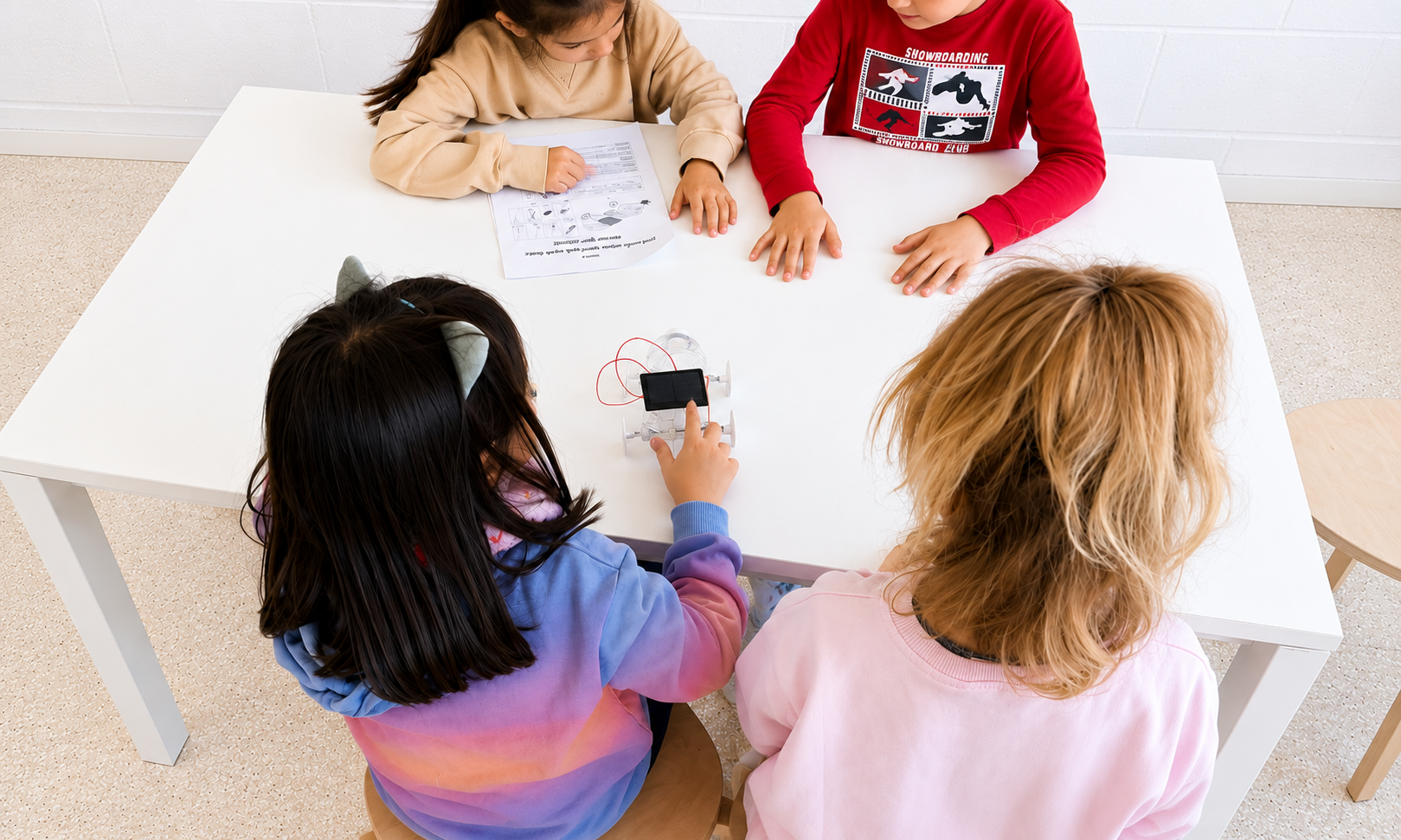Four students working as a team around a white classroom table, interactively engaging with a small solar energy experimental kit and filling out an activity sheet.