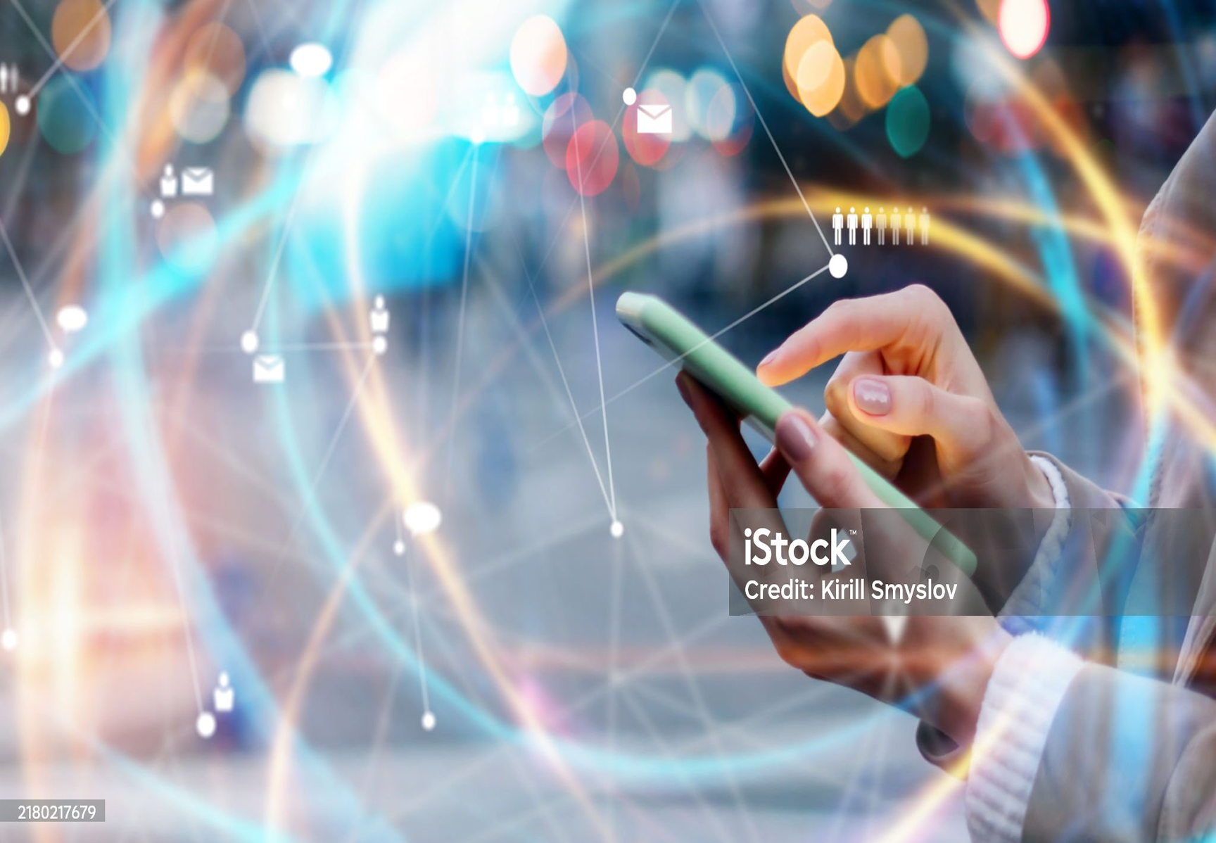Wireless communication concept showing a smartphone screen with overlay network graphics, linking users to the PRIMA team for project collaborations.