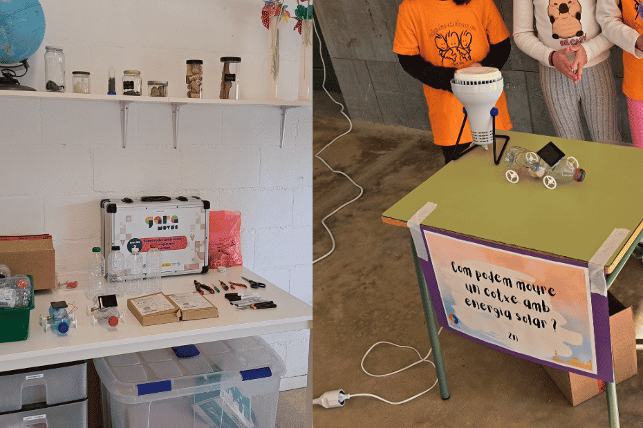 Children participating in Gara MOVES educational activities, exploring renewable energy through hands-on experiments with solar-powered models and recycled materials.