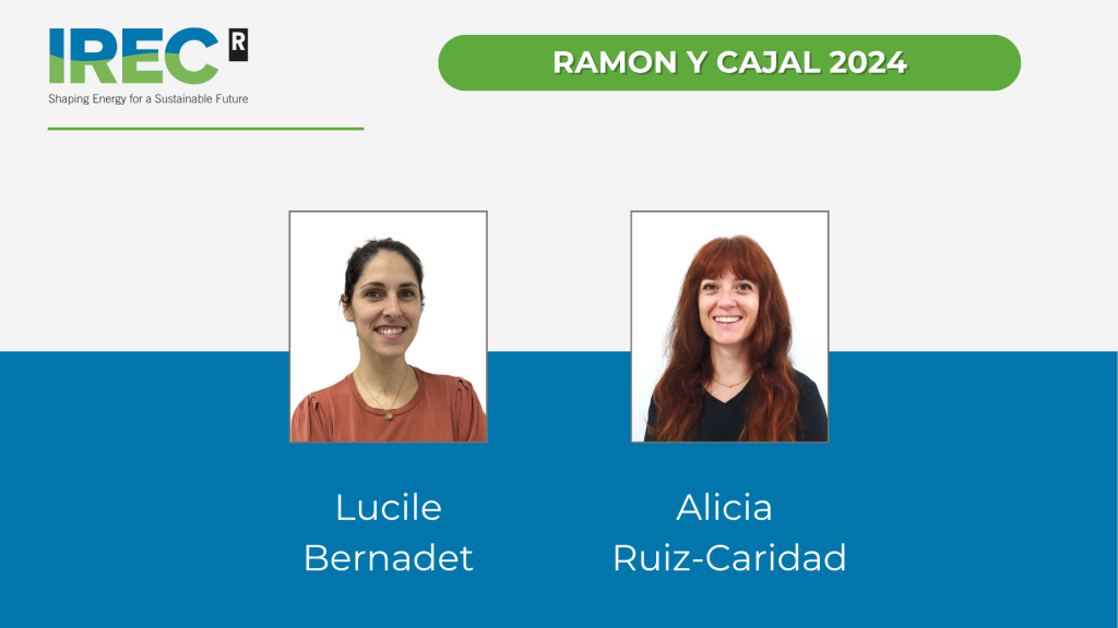 Corporate graphic announcing Ramón y Cajal 2024 fellowships awarded to IREC researchers Lucile Bernadet and Alicia Ruiz-Caridad.
