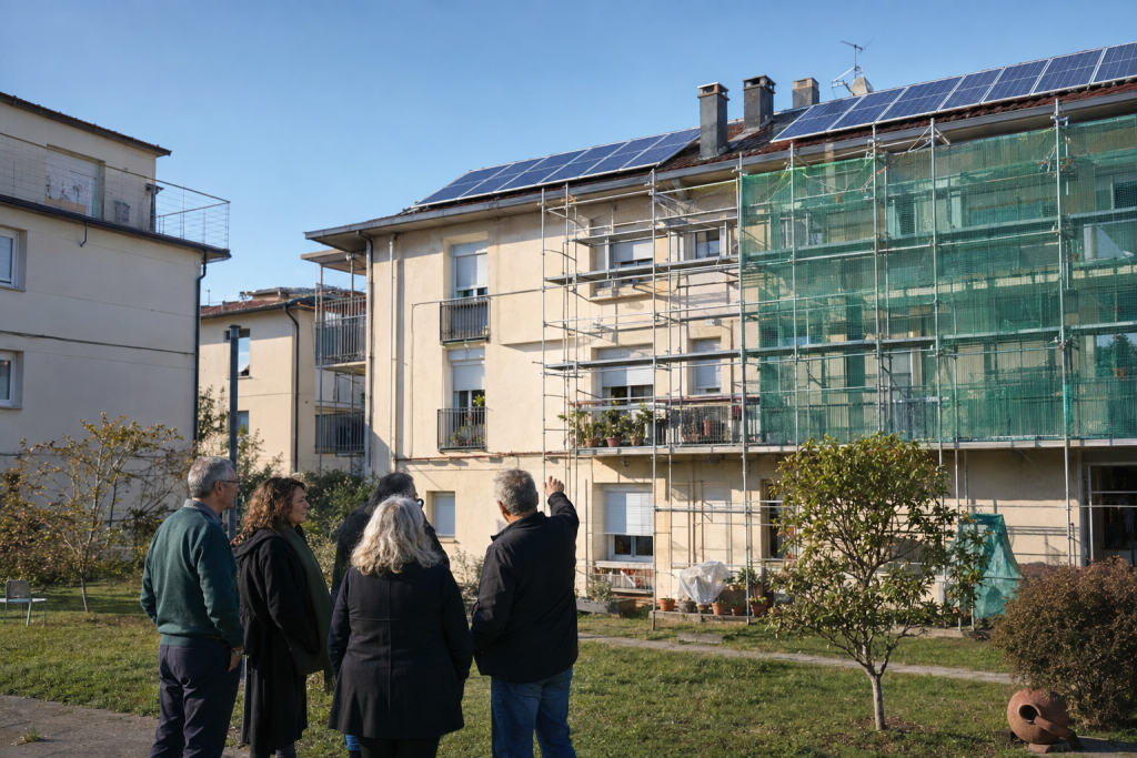 FLOW project partners gathered during a project meeting at an energy infrastructure site with wind and solar power installations.