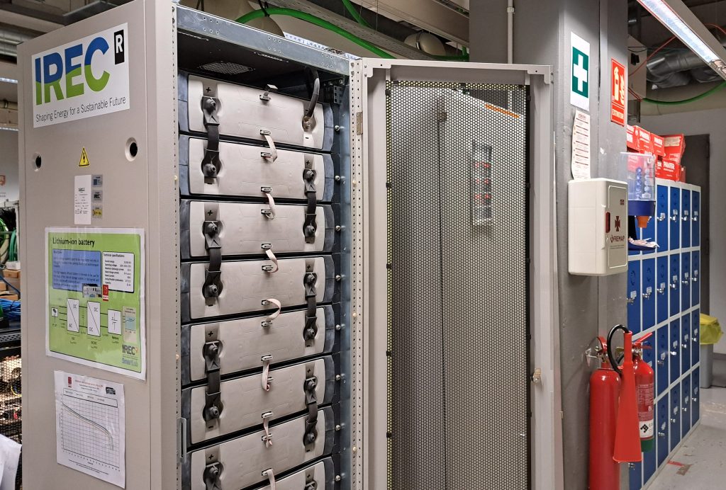 Battery energy storage system at IREC used in research on battery recycling and second-life applications.