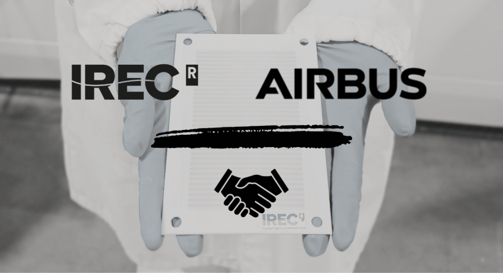 Visual representation of a collaboration between IREC and Airbus on hydrogen fuel cell technologies for aviation.