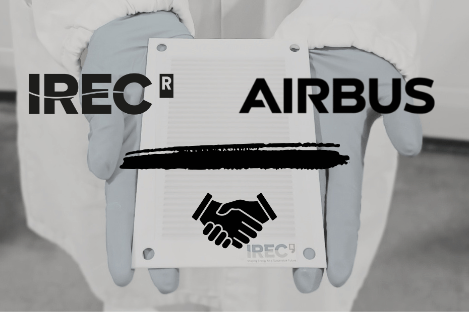 Visual representation of a collaboration between IREC and Airbus on hydrogen fuel cell technologies for aviation.